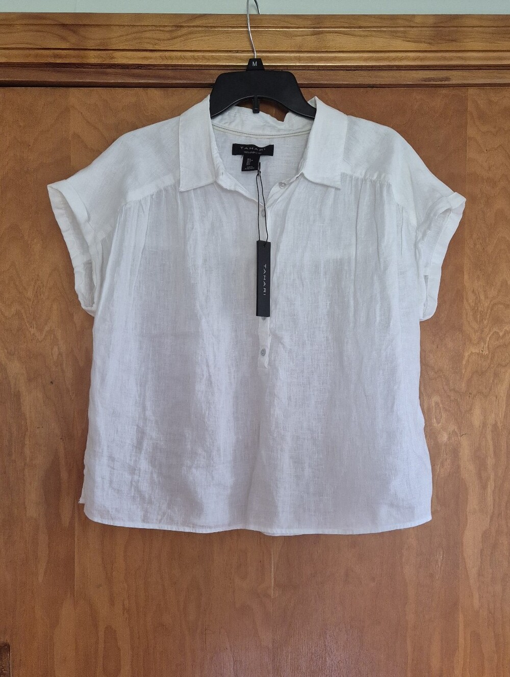 Tahari 100% Linen White Linen Short-Sleeve Button-Front Top, size L